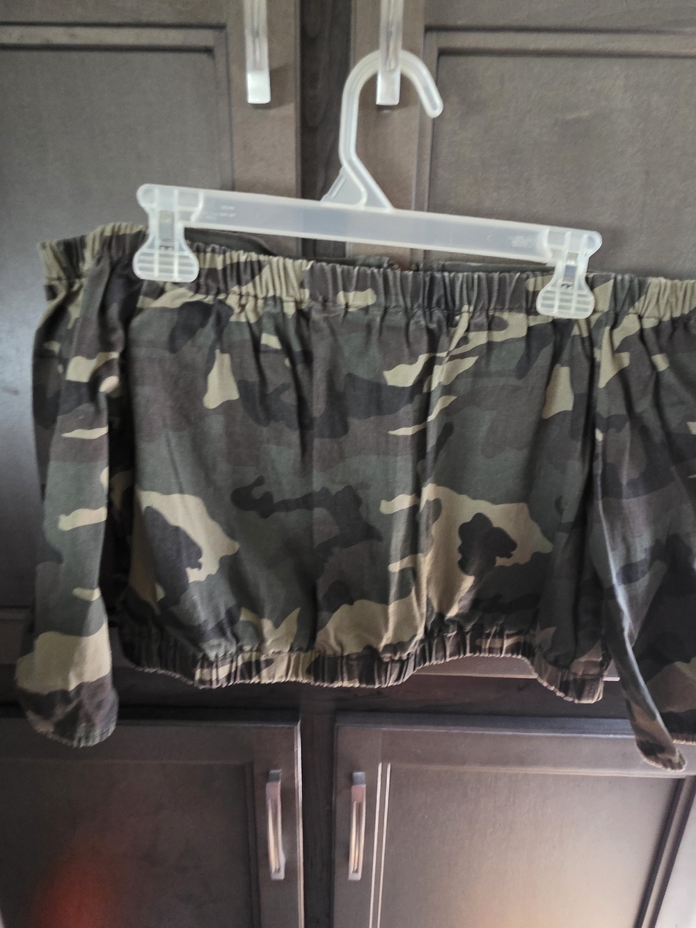 American Bazi Camo Off-Shoulder Crop Top in Olive Green and Tan